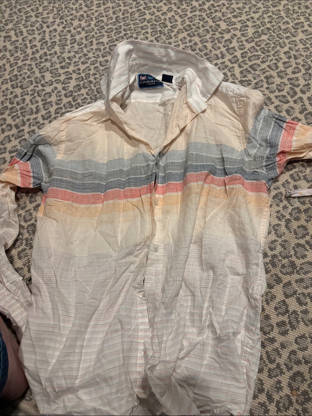 Charleston Threads Button-Down with Pastel Stripes - Cream/Gray/Coral